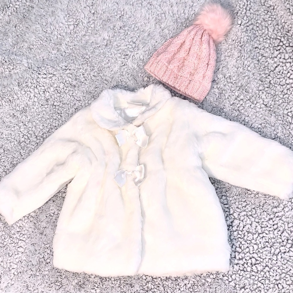 Koala Baby Boutique Vegan White Fur Coat and pink beanie hat 12 mos.